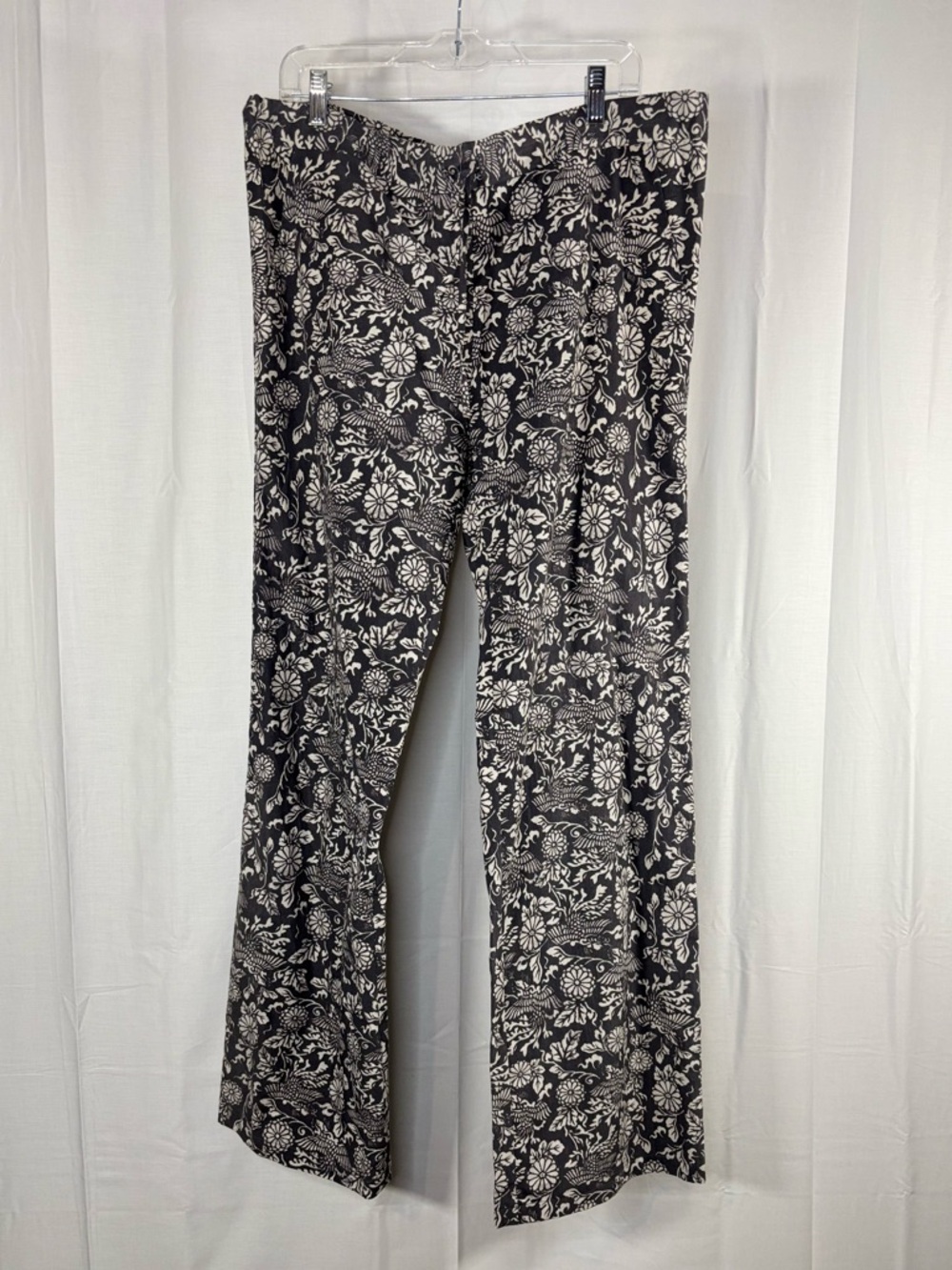NWT AVIVA JIFEI XUE Grey & White Floral Wide-Leg Drawstring Pants Size S